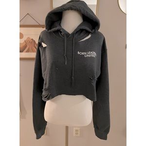 Humanize my Hoody distressed and cropped sweatshirt in dark gray/white letters